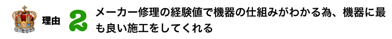 理由 2位 メーカー修理の経験値で機器の仕組みがわかる為、機器に最も良い施工をしてくれる